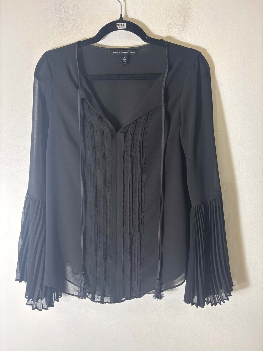 White House Black Market Long Pleated Sleeve Sheer Black Top Sz 2